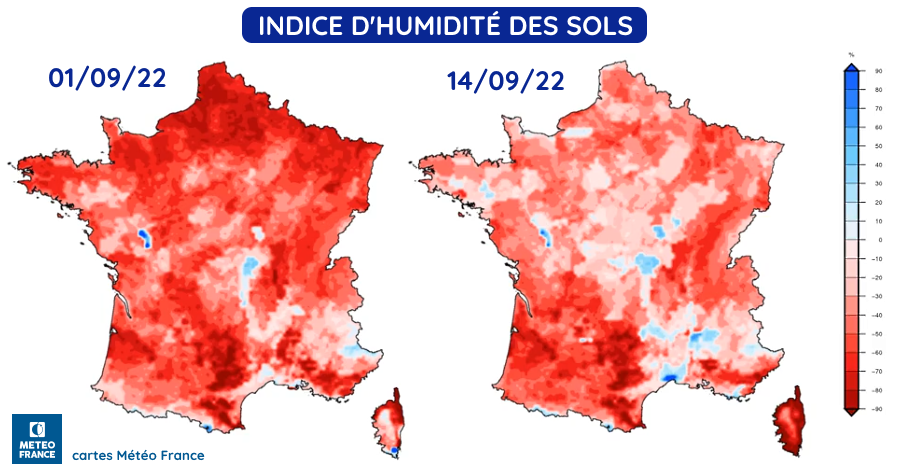 Humidité des sols les 1er et 14 septembre 2022