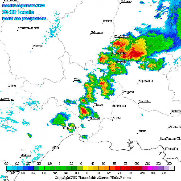 Images radar de l’orage diluvien dans le Gard en nuit du 6 au 7 septembre