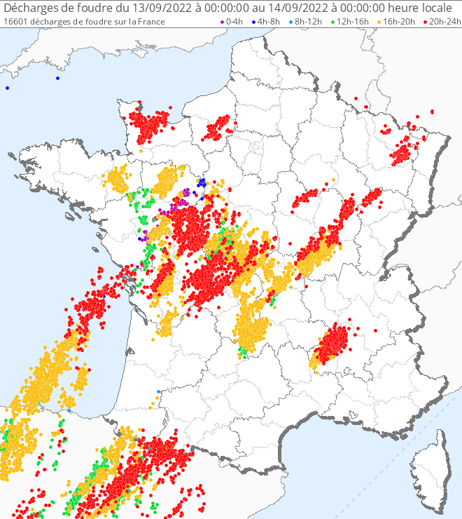 Impacts de foudre en France le mardi 13 septembre