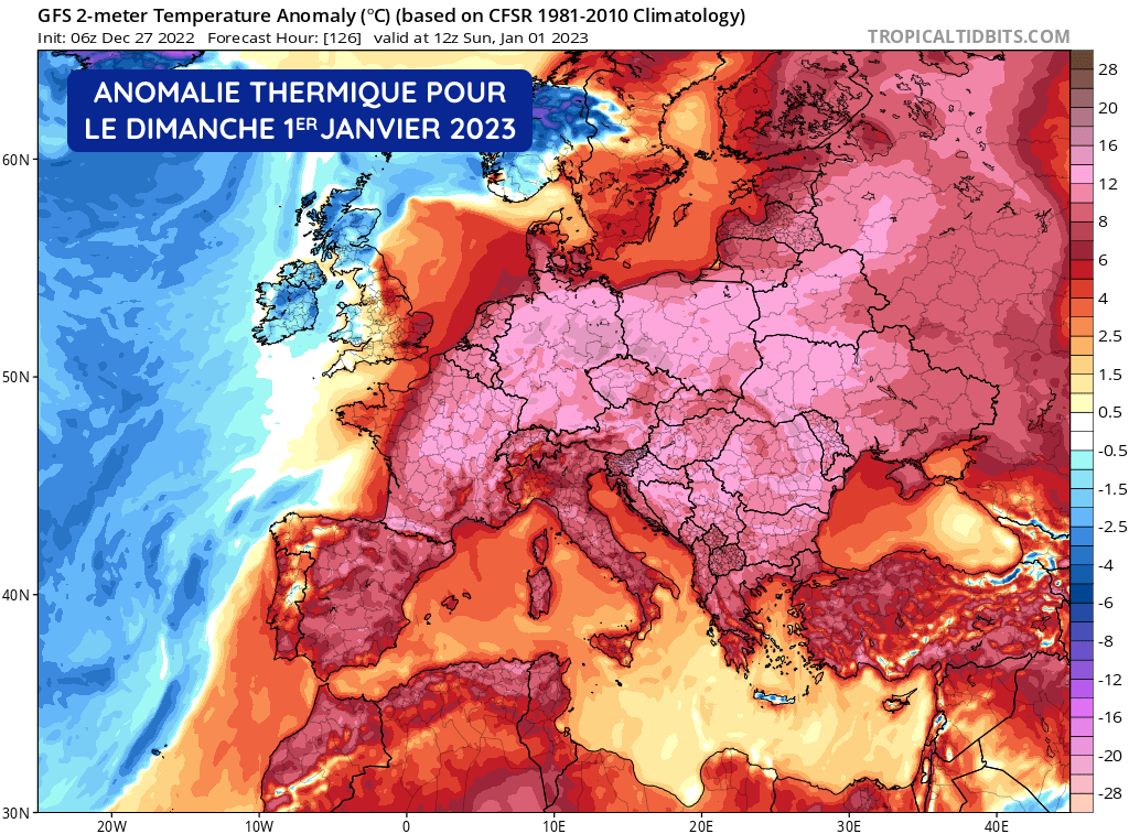 Anomalie thermique pour le dimanche 1er janvier 2023