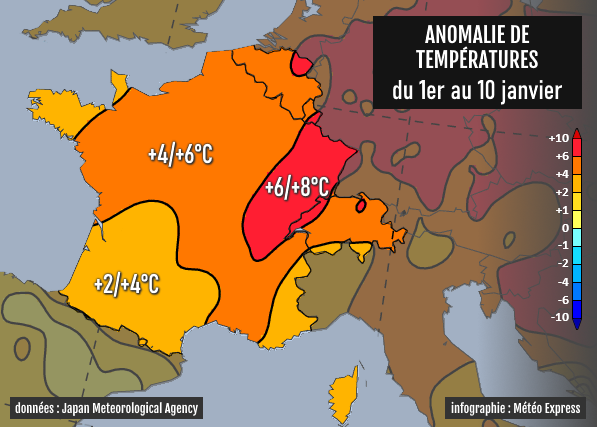 Anomalie thermique en France du 1er au 10 janvier 2023
