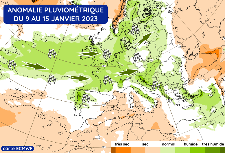 Anomalie pluviométrie en semaine du 9 au 15 janvier 2023