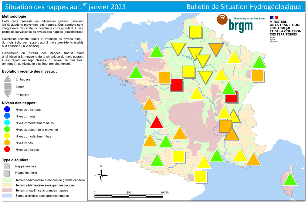 État des nappes phréatiques en France au 1er janvier 2023