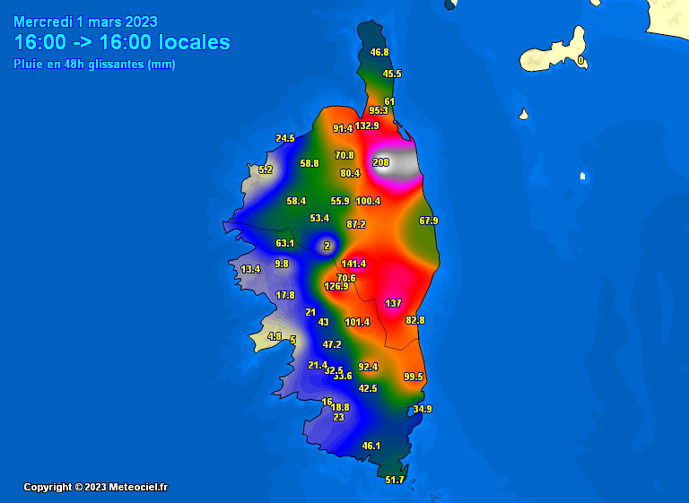 Cumuls de pluie sur 48h en Corse au mercredi 1er mars 2023 à 16h