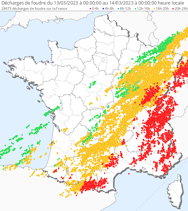 Éclairs détectés en France ce lundi 13 mars 2023