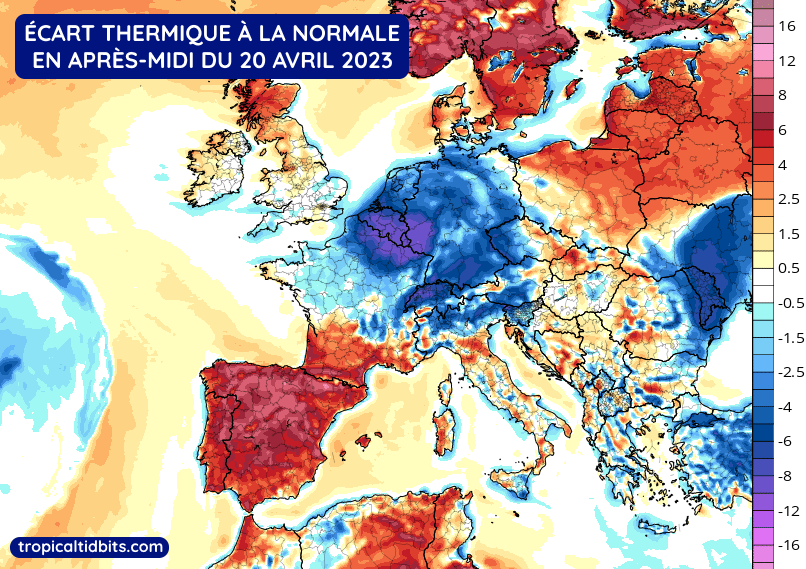 Écart thermique à la normale en après-midi du jeudi 20 avril 2023