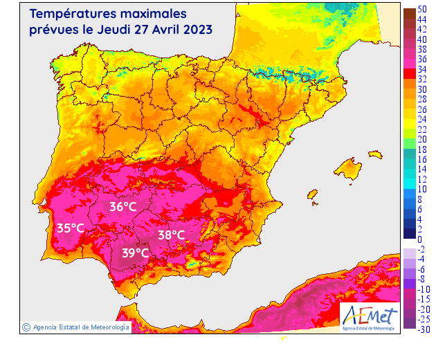 Températures maximales prévues en Espagne et au Portugal ce jeudi 27 avril 2023