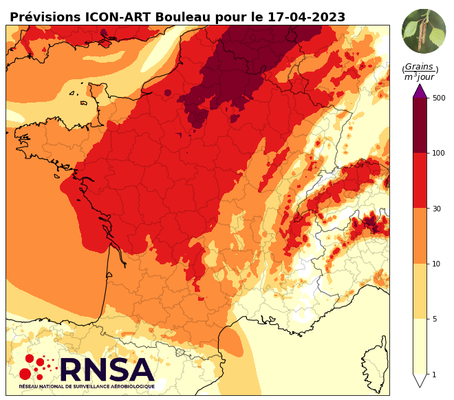 Concentration en pollens de bouleau pour le lundi 17 avril 2023