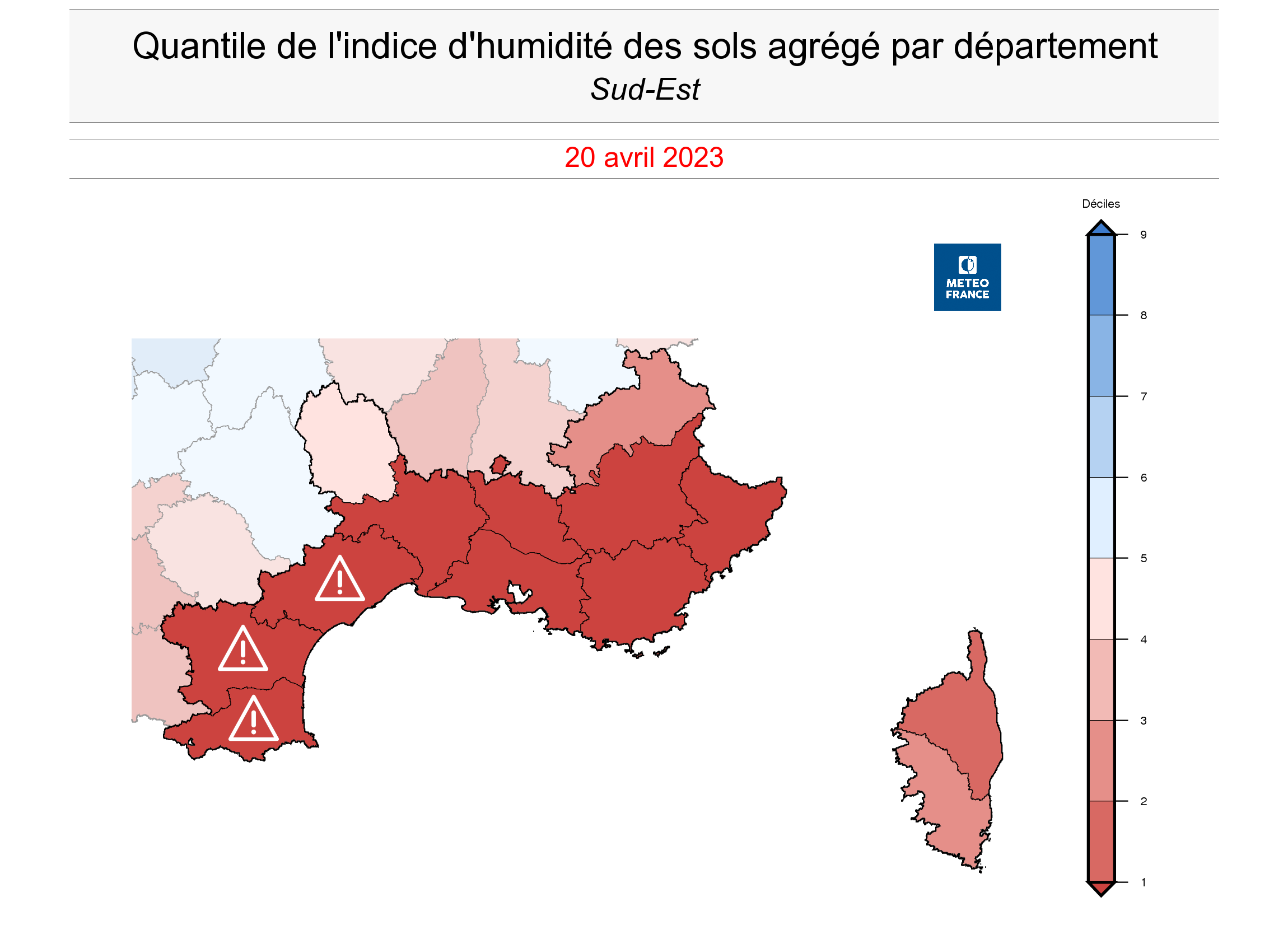 Rapport à la normale de l'indice d'humidité des sols en Méditerranée au 20 avril 2023