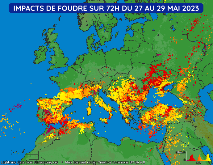 Impacts de foudre en Europe du 27 au 29 mai 2023