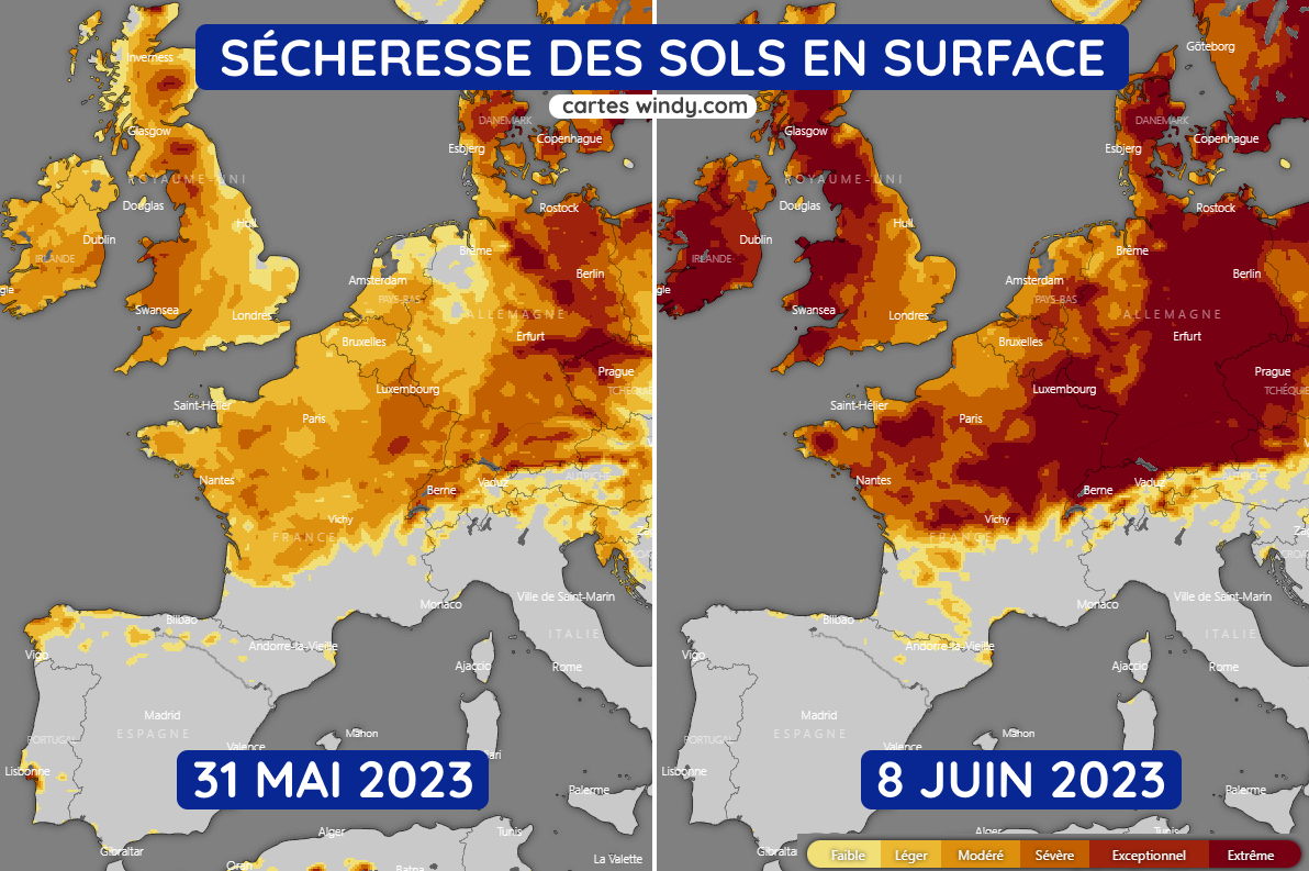 Évolution de la sécheresse superficielle entre le 31 mai et le 8 juin 2023
