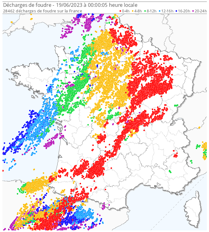 Décharges de foudre en France le dimanche 18 juin 2023