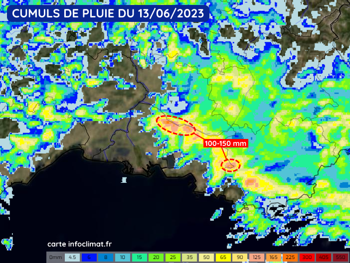 Cumuls de pluie sur la Provence le mardi 13 juin 2023