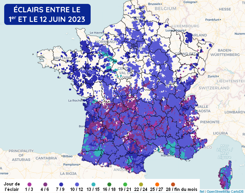 Éclairs détectés en France du 1er au 12 juin 2023