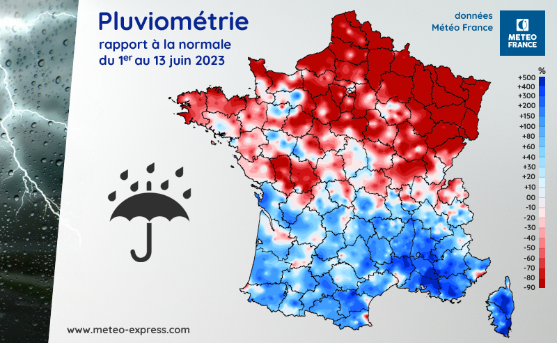 Rapport à la normale de la pluviométrie du 1er au 13 juin 2023