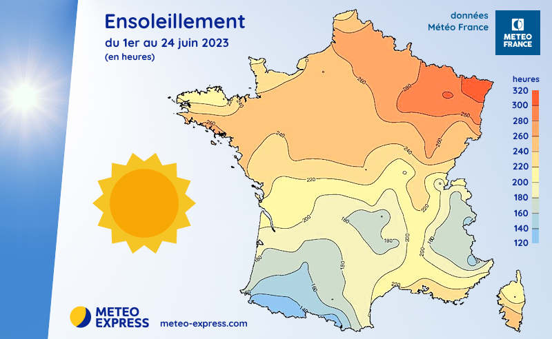 Taux d'ensoleillement en France du 1er au 24 juin 2023