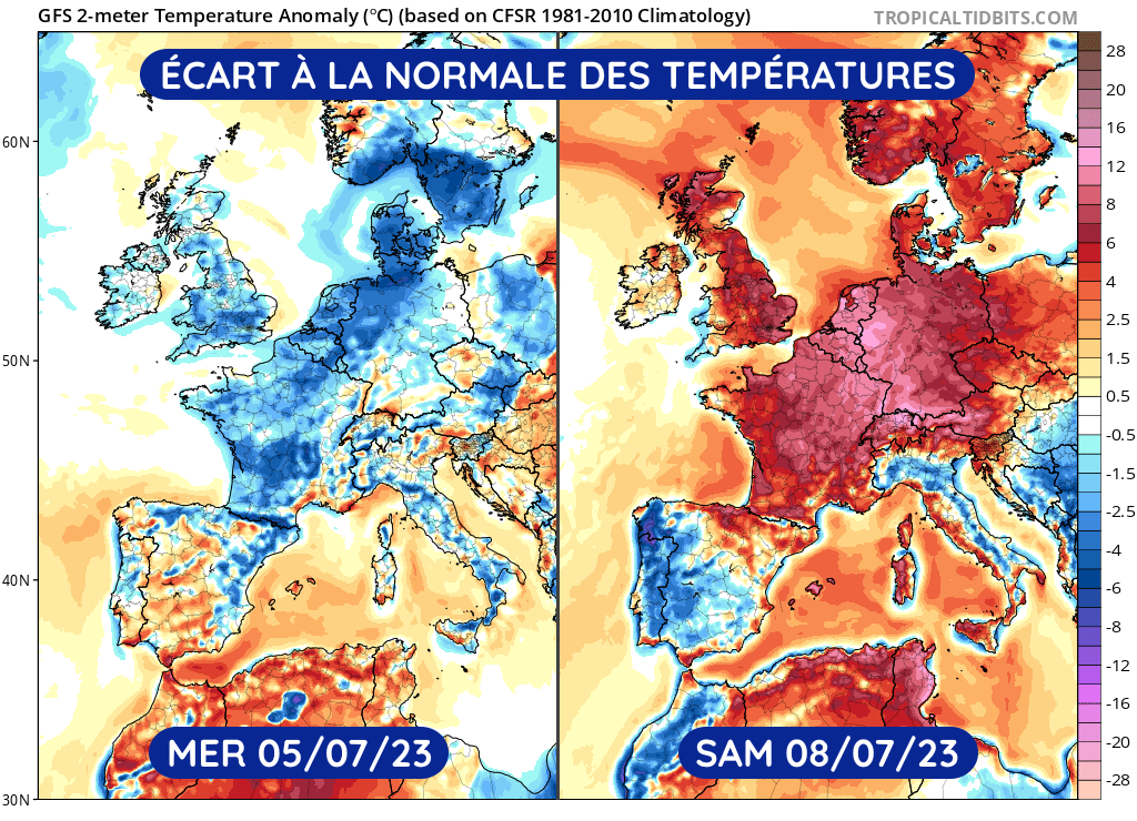 Écart à la normale des températures les mercredi 5 et samedi 8 juillet 2023