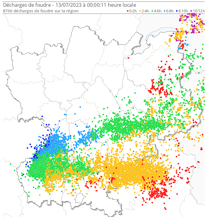 Carte des éclairs sur Rhône-Alpes en après-midi et soirée du mercredi 12 juillet 2023