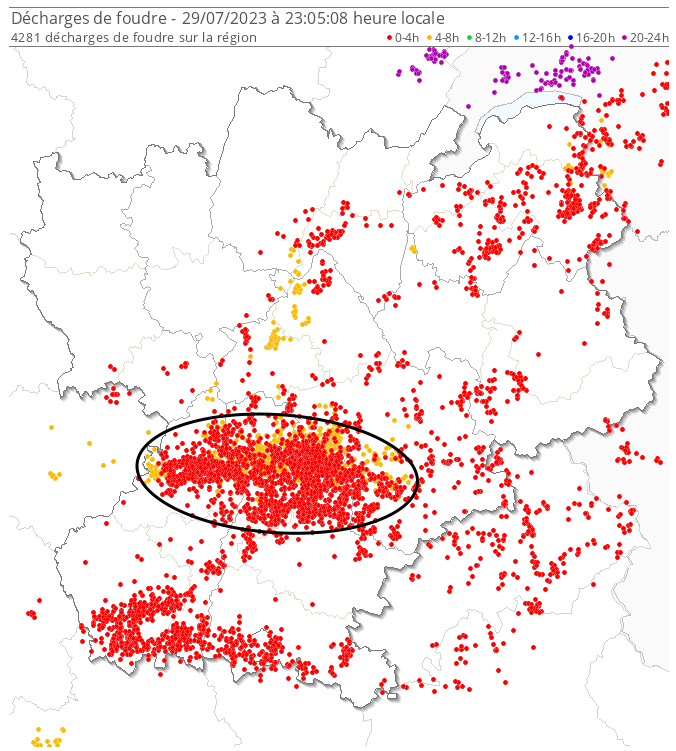 Éclairs enregistrés sur la région Rhône-Alpes ce samedi 29 juillet 2023 