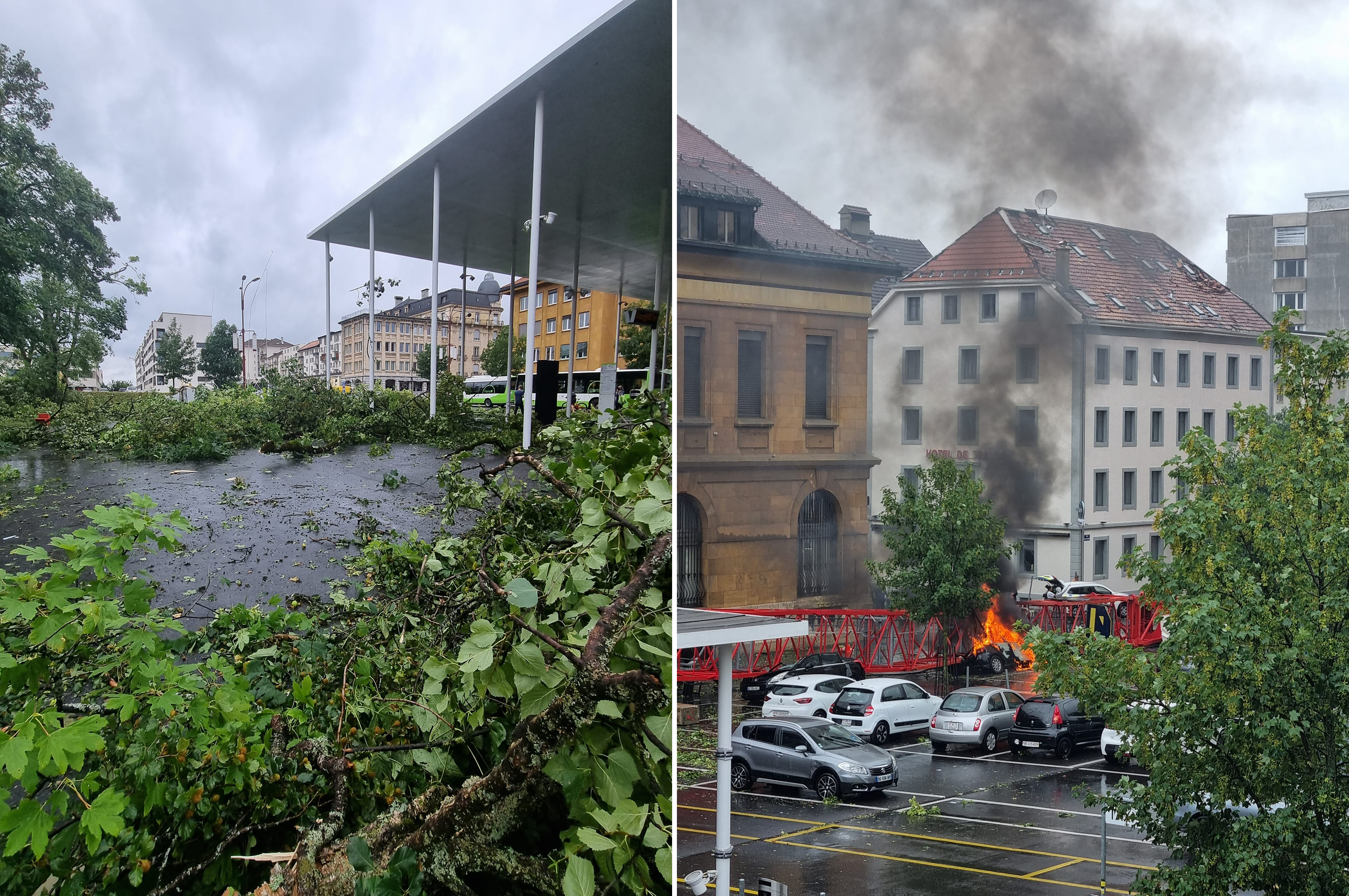 Gros dégâts et chute d'une grue à La Chaux-de-Fonds (Suisse) ce lundi 24 juillet 2023