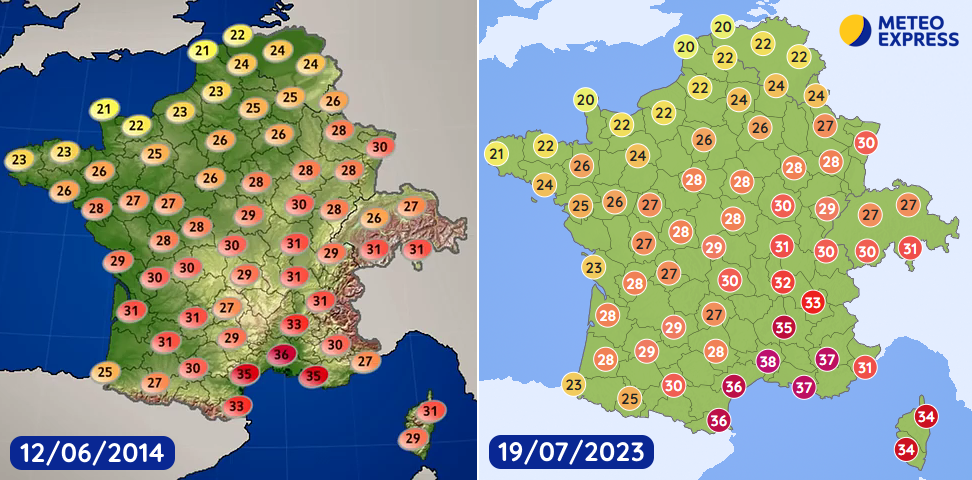 Carte de températures sur Météo Express le 12 juin 2014 et le 19 juillet 2023
