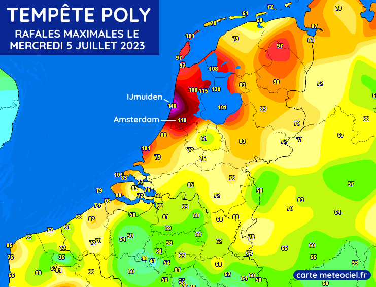 Rafales maximales mesurées aux Pays-Bas lors de la tempête Poly le mercredi 5 juillet 2023 