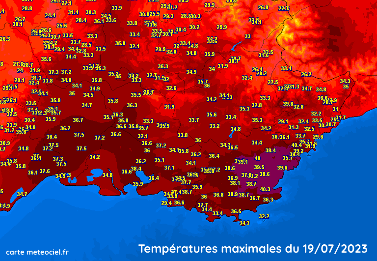 Températures maximales sur le Languedoc et PACA ce mercredi 19 juillet 2023