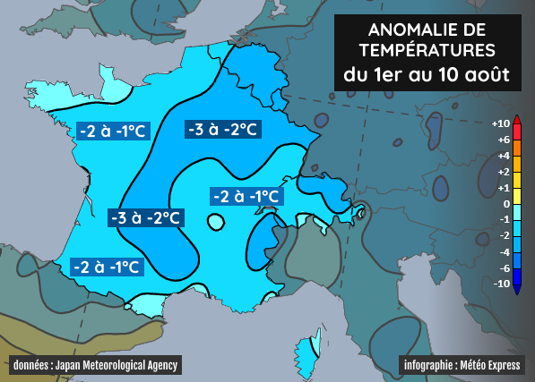 Carte de l'anomalie thermique du 1er au 10 août 2023 