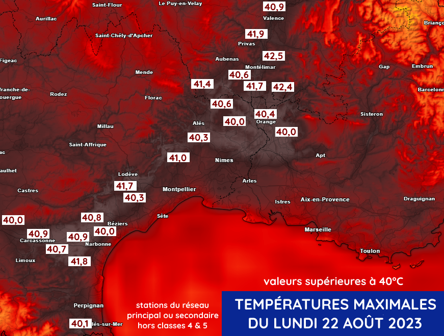Carte des températures à plus de 40°C ce lundi 21 août 2023