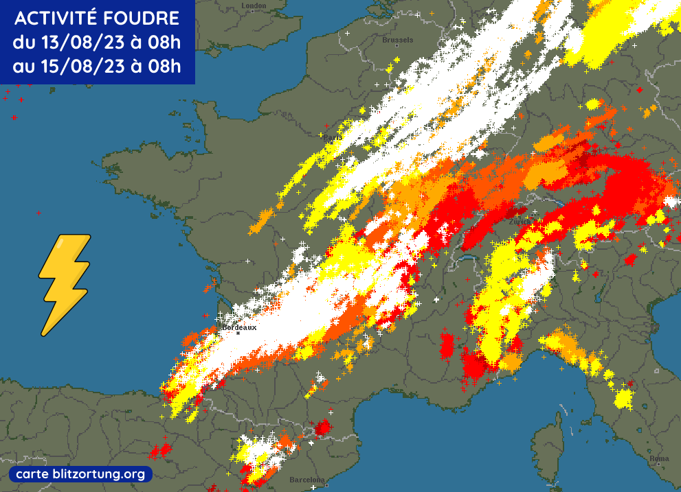 Carte des impacts de foudre sur 48h au mardi 15 août 2023 à 08h