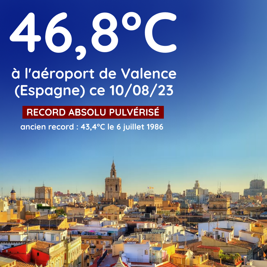 Record de chaleur à l'aéroport de Valence (46,8°C) en Espagne ce 10 août 2023