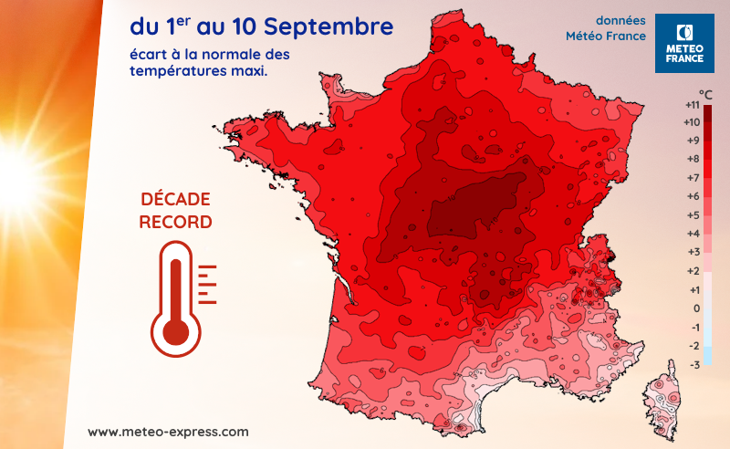Écart à la normale des températures maximales du 1er au 10 septembre 2023 