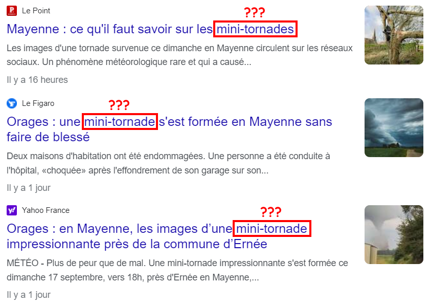 Articles de presse évoquant une "mini-tornade" en Mayenne