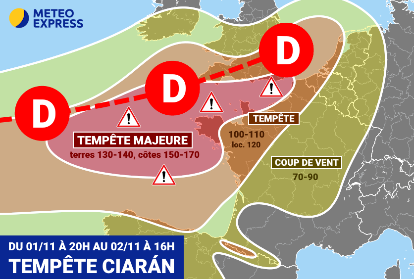 Carte des rafales de vent prévues lors de la tempête Ciarán 