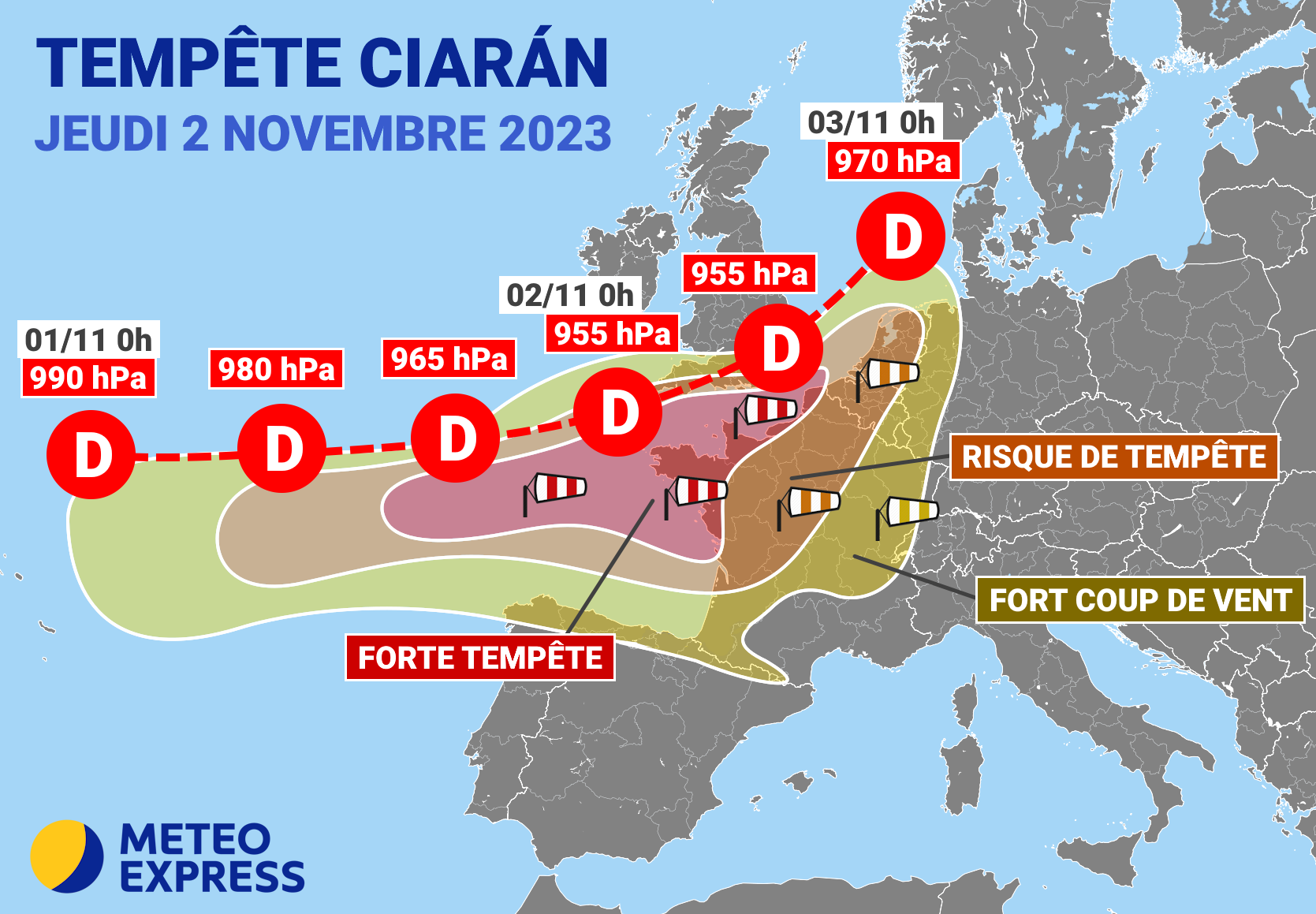 Trajectoire de la tempête Ciarán, touchant la France le jeudi 2 novembre 2023