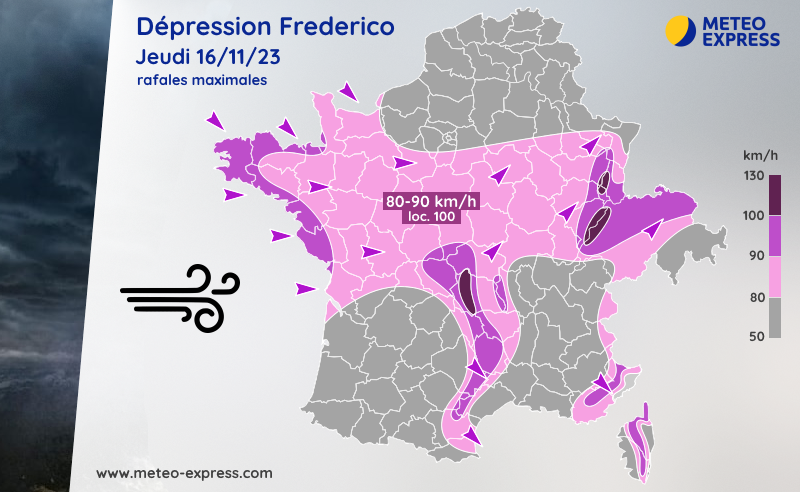 Prévision des rafales maximales de Frederico ce jeudi 16 novembre 2023
