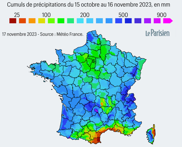Cumuls de pluie en France du 15 octobre au 16 novembre 2023 