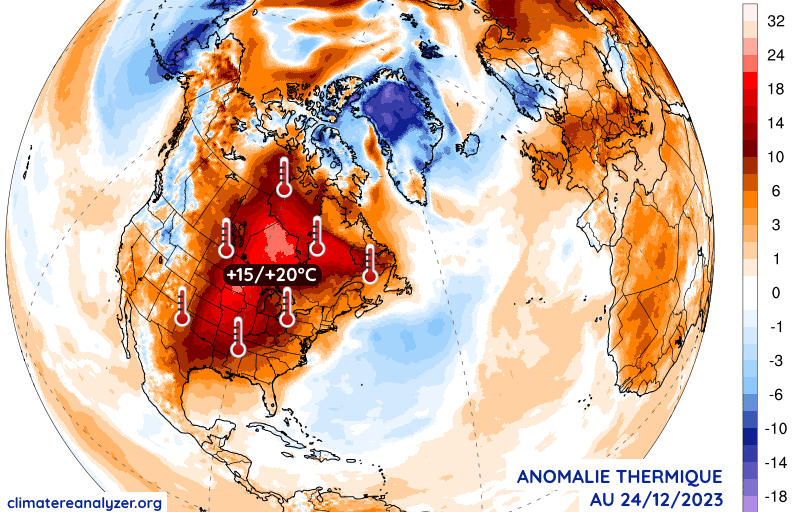 Anomalie thermique en Amérique du Nord le 24 décembre 2023 