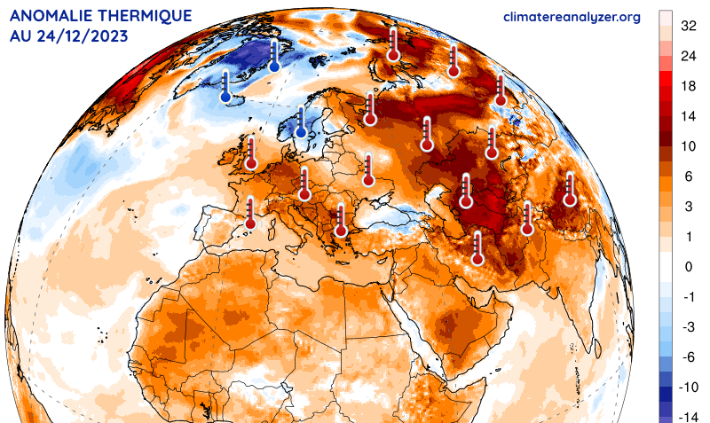 Anomalie thermique en Europe et Asie le 24 décembre 2023 