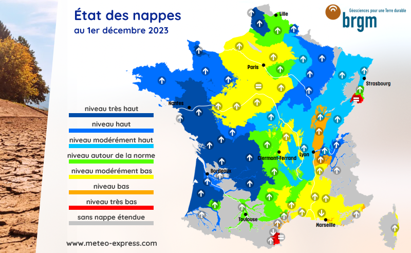 Niveau des nappes phréatiques en France au 1er décembre 2023