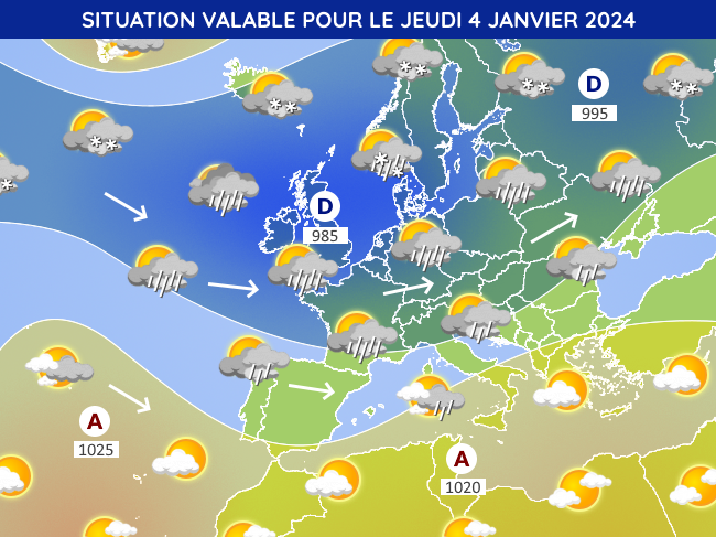 Situation météorologique en Europe pour le jeudi 4 janvier 2024