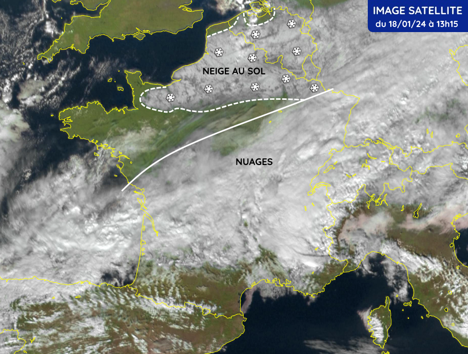 Image satellite montrant les sols enneigés au nord et en Belgique ce jeudi 18 janvier 2024
