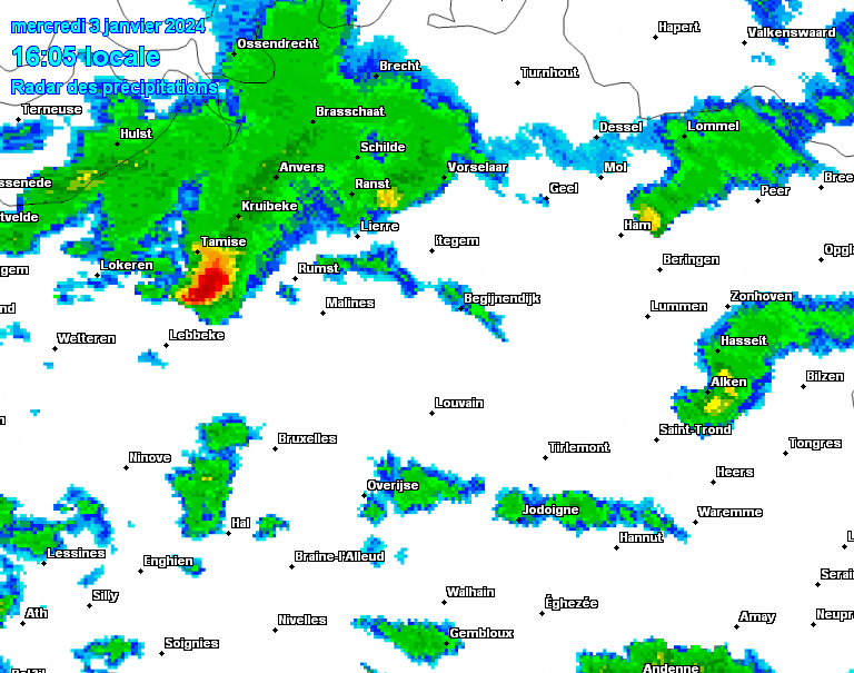 Images radar montrant la tornade près de Malines ce 3 janvier 2024 