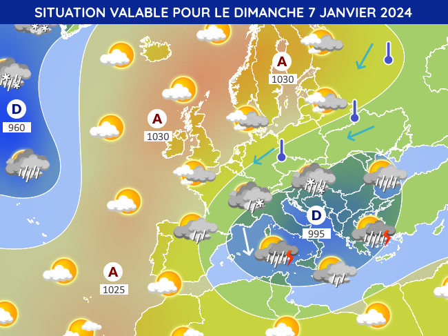 Situation météo en Europe pour le dimanche 7 janvier 2024