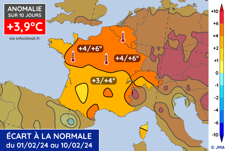 Anomalie thermique en France du 1er au 10 février 2024