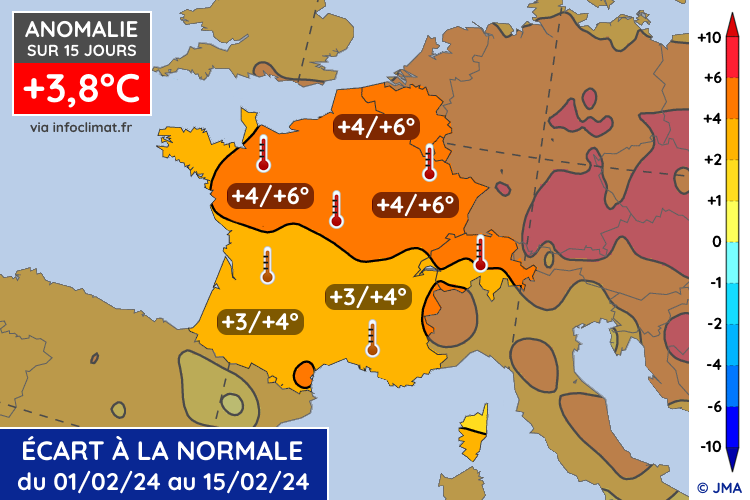 Anomalie thermique en France du 1er au 15 février 2024