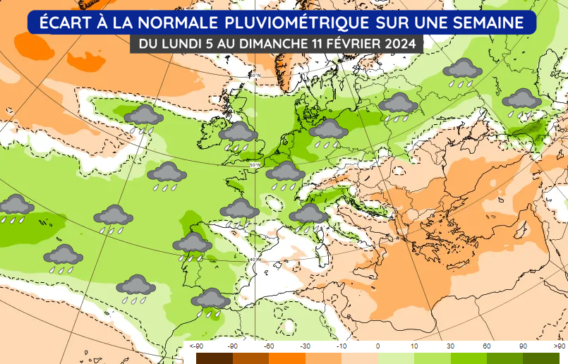 Anomalie pluviométrique en Europe en semaine du 5 au 11 février 2024