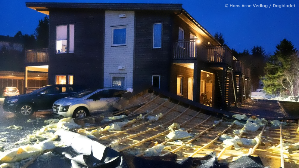 Toitures arrachées par la tempête Ingunn à Bakken (Norvège) ce jeudi 1er février 2024