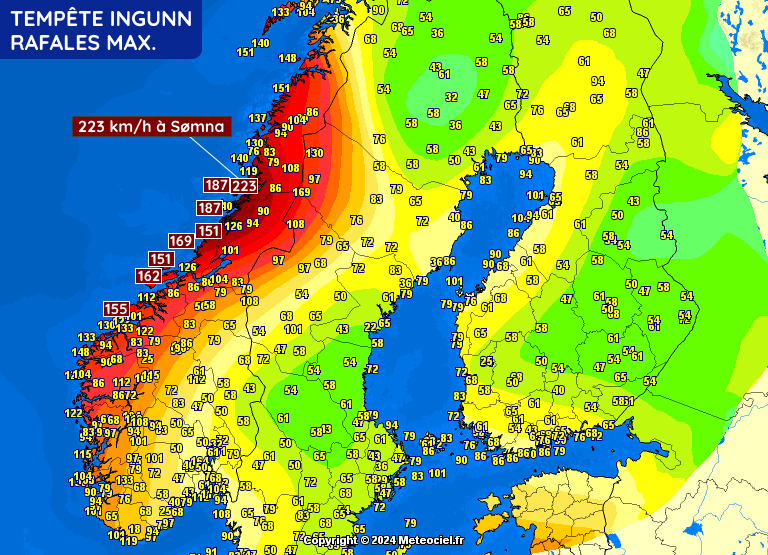 Rafales maximales de la tempête Ingunn en Norvège