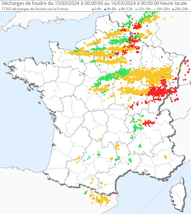 Éclairs détectés en France ce vendredi 15 mars 2024